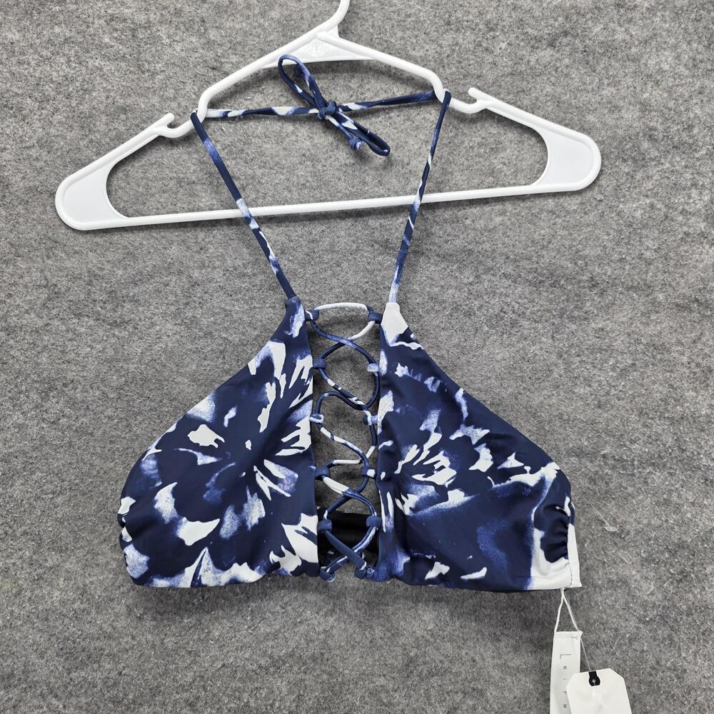 Leith Bikini Swim Top Womens Medium Blue White Lace Up Halter Floral Print